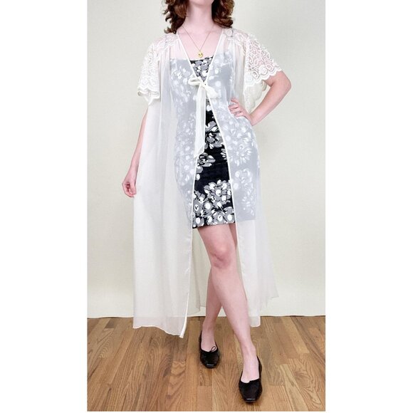 Vintage Lace Sheer Mesh Robe Duster Jacket Cape Slip Pajamas House Coat Sexy PJs - Picture 13 of 16